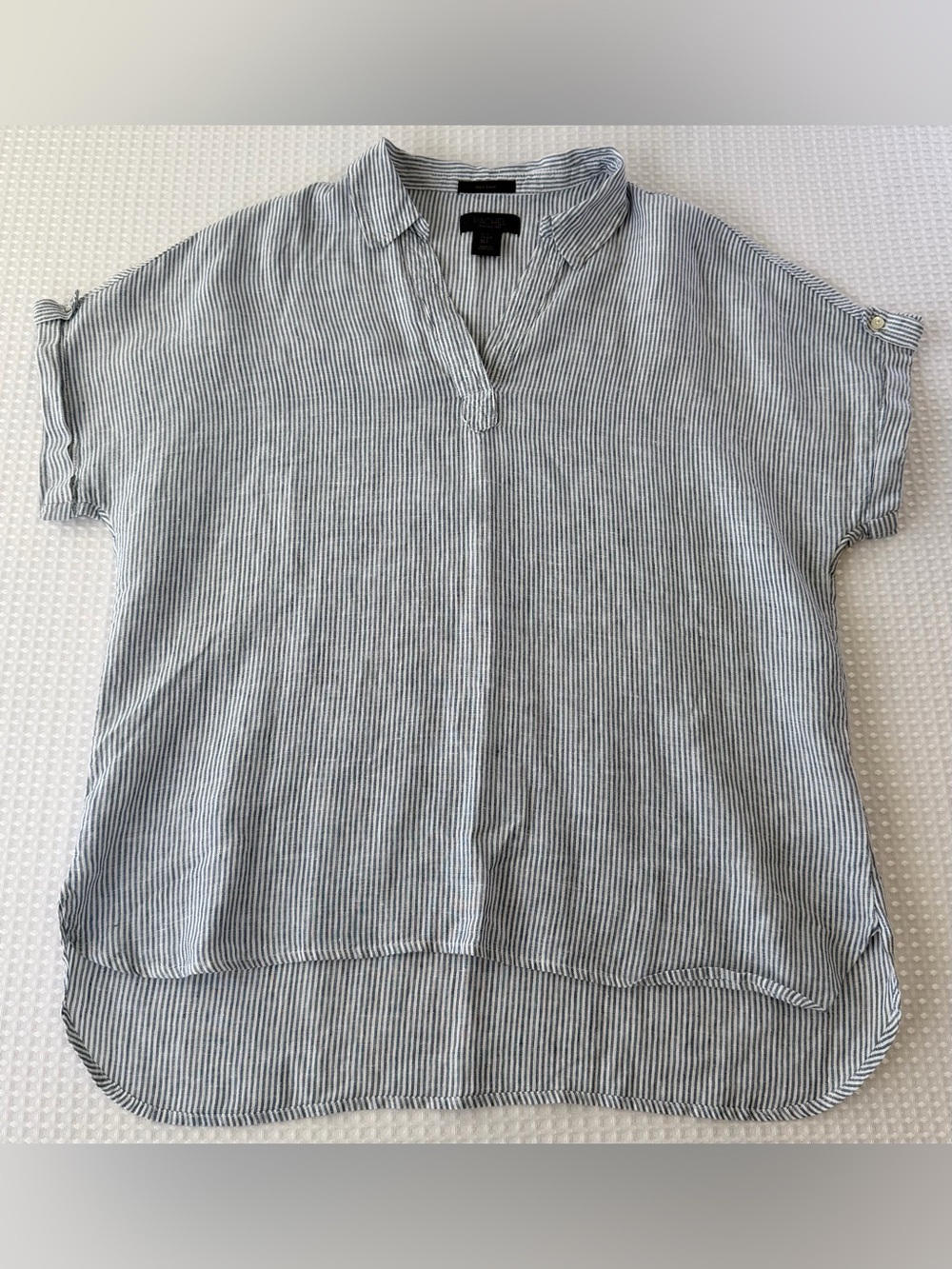 Rachel Roy 100% Linen Short Sleeve Top Blue White Pinstripe Boxy Cuffed Size L